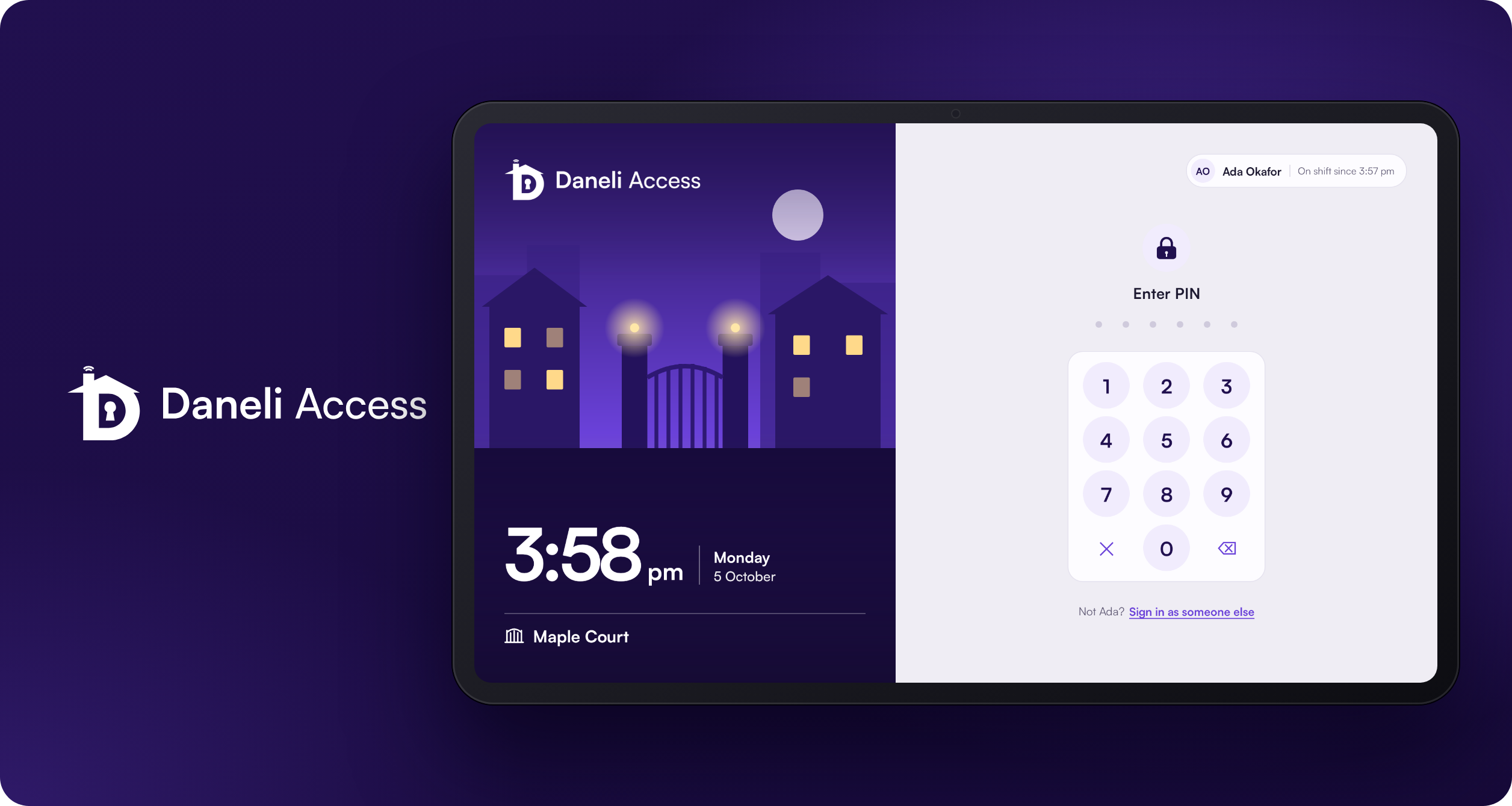 Daneli Access lock screen on a gatehouse tablet